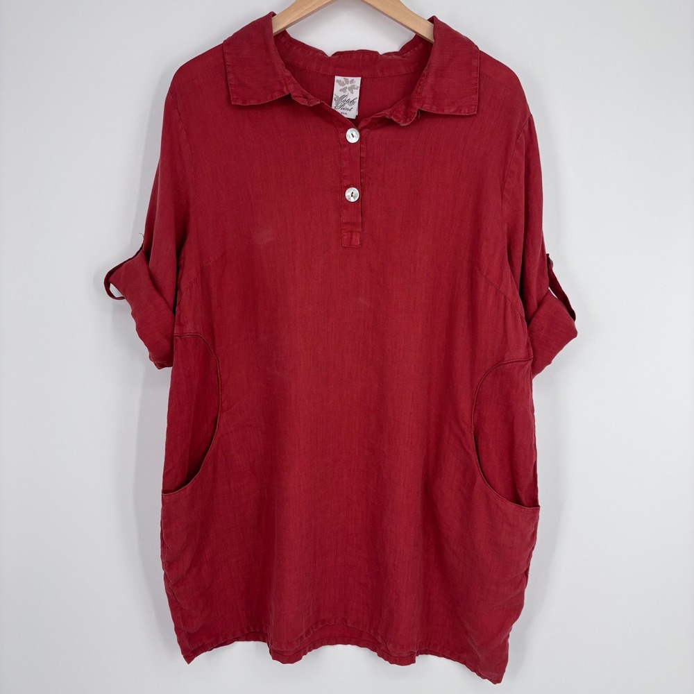 Match Point Linen Tunic Top Womens Small Red Short Sleeve Pockets Lagenlook Boho
